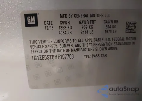 2017 Chevrolet Malibu 1Lt z USA, uszkodzony, nr VIN 1G1ZE5ST8HF197708